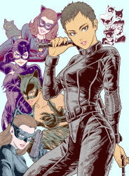 6+girls absurdres animal_ears batman:_the_animated_series batman:_the_brave_and_the_bold batman_(series) black_bodysuit black_eyes black_gloves black_hair blue_background blue_eyes bodysuit breasts brown_hair cat cat_ears catwoman catwoman_(movie) dark-skinned_female dark_skin dc_comics gloves gun handgun harley_quinn_(cartoon) highres holding holding_gun holding_weapon holding_whip long_hair mask masutatsu_novuo medium_breasts multiple_girls multiple_persona parted_lips pistol selina_kyle smile the_batman_(2022) the_batman_(cartoon) the_dark_knight_rises weapon