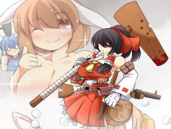 3girls animal_ears ascot belt black_hair blue_dress blue_hair breasts brown_eyes brown_hair bullet_hole dango detached_sleeves dress ears_down floppy_ears food gloves gun hair_ribbon hair_tubes hakurei_reimu happy highres holding holding_unworn_clothes kine large_breasts mallet mouth_hold multiple_girls nude one_eye_closed out-of-frame_censoring ponytail purple_eyes rabbit_ears red_skirt ribbon ribbon-trimmed_sleeves ribbon_trim ringo_(touhou) seiran_(touhou) sheath sheathed shotgun shotgun_shell skewer skirt sleeveless solid_circle_eyes sparkle star_(symbol) sword talismans tearing_up thumbs_up touhou ueda_katsuhito wagashi weapon white_gloves