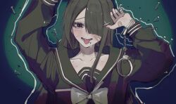 Rule 34 | 1girl, absurdres, ame-chan (needy girl overdose), ame-chan (school uniform) (needy girl overdose), arm over head, arm over shoulder, bandage on face, bandages, black hair, black serafuku, blunt bangs, blush, bow, bowtie, chalk outline, collarbone, commentary request, cuffs, hair ornament, hair over one eye, handcuff dangle, handcuffs, highres, long hair, long sleeves, looking at viewer, lying, multiple monochrome, nail (hardware), neck ribbon, needy girl overdose, official alternate costume, on back, on floor, open mouth, out of frame, outline, pao (i loxe u), pink nails, ribbon, school uniform, serafuku, single handcuff, smile, solo, spotlight, sweat, tongue, tongue out, upper body, white outline, x hair ornament