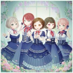 5girls :d :o afterglow_(bang_dream!) aoba_moca bang_dream! black_hair blue_eyes blue_skirt braid breasts brown_eyes brown_hair closed_mouth commentary_request feet_out_of_frame flower frilled_shirt frilled_skirt frills gorilla-chan_(axpdxsyc0222) green_eyes grey_hair hazawa_tsugumi highres indoors large_breasts layered_sleeves long_hair long_sleeves looking_at_viewer medium_breasts medium_skirt mitake_ran multicolored_hair multiple_girls multiple_monochrome neck_ribbon official_alternate_costume open_mouth parted_lips pink_eyes pink_flower pink_hair puffy_short_sleeves puffy_sleeves red_hair ribbon see-through_clothes see-through_sleeves shirt short_hair short_over_long_sleeves short_sleeves side_braid skirt smile streaked_hair teeth udagawa_tomoe uehara_himari underbust white_shirt window