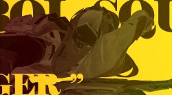 Rule 34 | 1girl, absurdres, arms up, covered face, english text, greyscale with colored background, highres, hood, jacket, limited palette, long hair, long sleeves, lying, mask, mindscape cinema (zenless zone zero), monochrome, official art, on back, on stomach, simple background, solo, stretching, trigger (zenless zone zero), upper body, yellow background, yellow theme, zenless zone zero