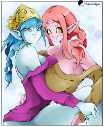 2girls aeos aeos_(dragon_ball) alternate_costume alternate_hairstyle blue_hair blue_skin braid braided_ponytail breasts breasts_squeezed_together chronoa cleavage colored_skin dragon_ball dragon_ball_heroes flatpancakesjim highres holding_hands large_breasts lifting_person multiple_girls orange_hair pink_skin pointy_ears pressing_breast_on_partner super_dragon_ball_heroes supreme_kai_of_time sweater thick_thighs thighs