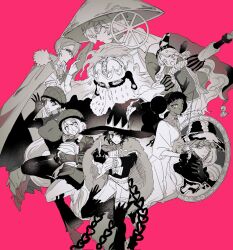 1boy 5girls black_hair boots braid breasts checkered_clothes checkered_hat checkered_pantyhose chikutoge_togeice closed_mouth club_(shape) dark-skinned_female dark_skin desscaras diamond_(shape) double_bun earrings glasses gloves hair_bun hat highres holding holding_knife holding_staff ichi_(madan_no_ichi) jacket jester jester_cap jewelry jikishirone king_uroro knife kumugi_(madan_no_ichi) long_hair long_sleeves looking_at_viewer madan_no_ichi mage_staff monegold monochrome multicolored_hair multiple_girls neck_ruff open_mouth pants pantyhose pink_background puffy_sleeves ribbon scarf shirabedonna shirt short_hair simple_background skirt smile spade_(shape) staff streaked_hair striped_clothes striped_headwear striped_pantyhose tail twintails vertical-striped_clothes vertical-striped_headwear weapon witch world-hater_majik yuyu_(a07161092)