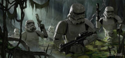 5boys armor gun helmet holding holding_gun holding_weapon multiple_boys outdoors plant star_wars star_wars_legion stormtrooper vines watermark weapon wetland white_armor wilmar_ballespi