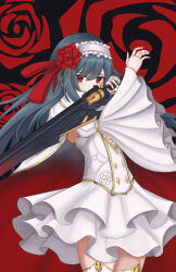 1girl alta_(sennen_sensou_aigis) blue_hair bonnet cape cowboy_shot doll_joints dress floral_background flower frilled_bonnet frills gun gunblade hair_flower hair_ornament hair_ribbon highres holding holding_gun holding_weapon joints long_hair red_eyes ribbon sennen_sensou_aigis solo weapon white_dress wide_sleeves