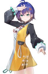 1girl a_maple absurdres ahoge belle_(delicate_sunlight)_(zenless_zone_zero) belle_(zenless_zone_zero) black_shirt blue_hair chinese_clothes cowboy_shot dress dress_over_shirt green_eyes hair_between_eyes hair_ornament highres letter_hair_ornament long_sleeves orange_dress shirt short_hair zenless_zone_zero