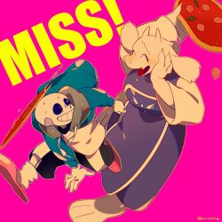 1boy 1girl ^_^ animal_ears black_sclera blue_jacket closed_eyes colored_sclera drawstring food full_body furry furry_female goat_ears goat_girl goat_horns grin hand_on_own_cheek hand_on_own_face highres holding holding_food horns jacket kanianoreki open_mouth pink_background pizza purple_robe robe sans_(undertale) signature slippers smile sweat toriel twitter_username undertale