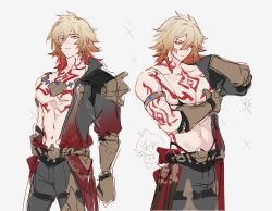 1boy abs arm_tattoo armlet armor bikini black_coat blonde_hair braid chest_tattoo chibi clawed_gauntlets coat crossdressing dichlorvos earrings facial_tattoo gold_earrings gold_necklace gradient_hair hair_between_eyes highres honkai:_star_rail honkai_(series) jewelry male_focus medium_hair micro_bikini multicolored_hair multiple_views mydei_(honkai:_star_rail) necklace open_clothes open_coat pauldrons red_hair red_tattoo shoulder_armor side_braid simple_background single_pauldron swimsuit tattoo thong toned toned_male white_background yellow_eyes