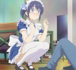 1boy 1girl anime_screenshot apron black_shoes black_socks blue_eyes blue_hair blue_jeans blue_pants blue_ribbon blue_skirt blush bow breasts closed_mouth denim dot_nose female_focus garter_belt garter_straps hair_ribbon highres indoors jeans kanojo_mo_kanojo kneeling legs maid maid_apron maid_headdress medium_breasts minase_nagisa miniskirt mukai_naoya pants ribbon shoes short_hair short_sleeves side_ponytail sitting skirt socks thighhighs thighs white_apron white_bow white_garter_belt white_garter_straps zettai_ryouiki