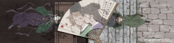 Rule 34 | 2girls, absurdres, alternate costume, alternate universe, ankle boots, barefoot, black footwear, black hair, black hat, boots, brown hair, calligraphy, chinese clothes, chinese hairpin, chinese text, closed mouth, covering one eye, dress, earrings, eyewear strap, facing up, fan over face, folded fan, folding fan, frogggu, from above, full body, futou, green eyes, green hanfu, green sleeves, hagoromo, hair ornament, hair spread out, hand fan, hands up, hanfu, hat, highres, holding, holding fan, isolde (reverse:1999), jewelry, kakania (reverse:1999), lattice, long hair, long image, looking at viewer, lying, monocle, moss, multiple girls, on floor, on stairs, one eye covered, pink shawl, purple dress, purple eyes, qixiong ruqun, reverse:1999, shadow, shawl, sitting, smile, stone floor, very long hair, watermark, weibo watermark, wide image, window shadow, wooden floor, yuanlingpao, yuri