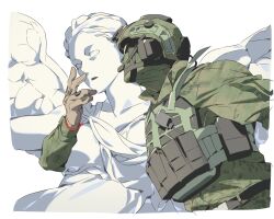 Rule 34 | 1boy, brown gloves, bulletproof vest, call of duty, call of duty: modern warfare 2, camouflage, combat helmet, ear protection, facing away, gloves, greco-roman clothes, green helmet, helmet, highres, horangi (modern warfare 2), long sleeves, male focus, marble (stone), marble sculpture, military combat uniform, military uniform, niktatek0, simple background, toga, upper body, white background, wings
