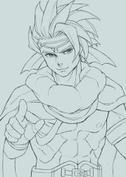 1boy abs armlet belt bracelet cape circlet commentary_request dragon_quest dragon_quest_x fins fish_boy hand_on_own_hip head_fins hijirino_yuuta jewelry looking_at_viewer looking_to_the_side male_focus monochrome monster_boy muscular muscular_male nipples odisu_(dq10) pointing pointing_at_viewer prince short_hair smile solo spiked_hair topless_male upper_body