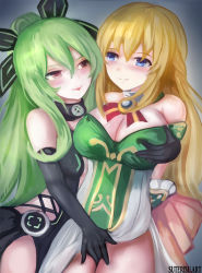 2girls bad_id bad_pixiv_id blonde_hair blue_eyes blush breasts brown_eyes cleavage eye_contact grabbing_another&#039;s_breast green_hair groping hair_ornament hakozaki_chika highres large_breasts long_hair looking_at_another multiple_girls neptune_(series) smile suterisu vert_(neptunia) yuri