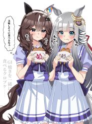 2girls blue_eyes blunt_bangs blush braid brown_eyes brown_hair chrono_genesis_(umamusume) closed_mouth commentary_request curren_bouquetd&#039;or_(umamusume) eating food grey_hair hair_between_eyes hair_ornament highres holding looking_at_viewer low_twin_braids mare_ma multiple_girls scene_reference school_uniform smile tracen_school_uniform twin_braids umamusume white_background