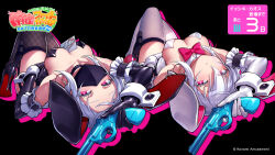 Rule 34 | 1girl, animal ears, arm over head, armband, between breasts, black background, black choker, black gloves, black leotard, black mask, black shoes, black sleeves, bow, bowtie, breasts, card, card between breasts, character name, choker, cleavage, copyright logo, copyright name, detached collar, detached sleeves, facial mark, fake animal ears, fishnet thighhighs, fishnets, forehead, frilled armband, frills, garter straps, gloves, grey hair, hair between eyes, high heels, holster, isshiki chaos, knees up, leotard, long bangs, lying, mahjong fight girl, mask, mouth mask, official art, pink bow, pink bowtie, pink shoes, playboy bunny, rabbit ears, red eyes, shoes, short hair, solo, thigh holster, thighhighs, upside-down, variations, white gloves, white leotard, white sleeve cuffs, white sleeves, white thighhighs