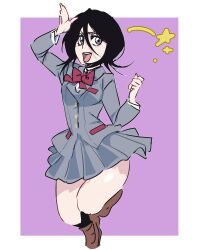 Rule 34 | 1girl, :d, absurdres, black hair, bleach, bow, bowtie, brown shoes, grey jacket, grey skirt, hair between eyes, highres, jacket, karakura high school uniform, kuchiki rukia, long bangs, long sleeves, looking at viewer, open mouth, pleated skirt, purple eyes, red bow, red bowtie, school uniform, sekihan (6kihan), shoes, short hair, skirt, smile, solo, teeth, thighs, upper teeth only