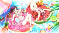 2girls afloat alternate_hairstyle banana brown_hair cherry chocolate closed_eyes crossed_legs donut drink drinking_straw feet fiery_tail flower food fruit game_cg highres idolmaster idolmaster_shiny_colors komiya_kaho leaf lying multiple_girls official_art one-piece_swimsuit open_mouth ponytail red_hair shaved_ice sonoda_chiyoko swimsuit tail toes water watermelon