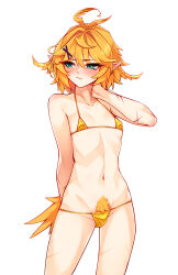 1girl ahoge aqua_eyes bare_arms bare_legs bare_shoulders bikini blonde_hair blush breasts collarbone commentary cowboy_shot cross_scar dokibird_(vtuber) embarrassed english_commentary eyes_visible_through_hair fang fang_out gold_bikini hair_between_eyes hair_ornament highres indie_virtual_youtuber looking_to_the_side navel pointy_ears pubic_feathers ricegnat scar short_hair simple_background small_breasts solo stomach string_bikini swimsuit tail virtual_youtuber wavy_mouth white_background x_hair_ornament