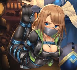 1boy 1girl black_jacket black_pantyhose black_shirt blue_eyes bound breasts brown_hair cleavage cloth_gag dankestofdans duct_tape eunie_(xenoblade) full_body gag gagged head_wings highres improvised_gag jacket large_breasts long_hair long_sleeves looking_at_viewer mask mouth_mask open_mouth over_the_nose_gag pantyhose restrained shibari shirt soles solo_focus tied_up_(nonsexual) toes white_wings wings xenoblade_chronicles_(series) xenoblade_chronicles_3