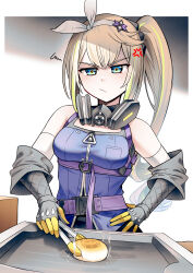 1girl absurdres anger_vein blue_eyes bow_hairband breasts brown_hair commentary girls&#039;_frontline girls&#039;_frontline_2:_exilium green_hair hairband hand_on_own_hip highres holding holding_tongs long_hair medium_breasts multicolored_hair pout senpaihawkkun sharkry_(girls&#039;_frontline_2) side_ponytail solo streaked_hair tongs two-tone_hair white_hairband