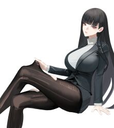 Rule 34 | 062 arts, 1girl, absurdres, black hair, black skirt, black suit, blue archive, blunt bangs, breasts, bright pupils, formal clothes, highres, large breasts, looking at viewer, pantyhose, pleated skirt, red eyes, rio (blue archive), sitting, skindentation, skirt, solo, suit, sweater, tearing clothes, torn clothes, torn pantyhose, turtleneck, turtleneck sweater, white pupils