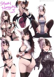 1girl arms_up bikini black_bikini black_bodysuit black_hair black_leotard blue_archive bodysuit breasts character_name character_request copyright_request cosplay cowboy_shot darkstalkers eyewear_on_head full_body grey_hair halterneck head_wings highres hololive hololive_english iori_(blue_archive) iori_(blue_archive)_(cosplay) iori_(swimsuit)_(blue_archive) large_breasts leotard long_hair m_legs marvel morrigan_aensland morrigan_aensland_(cosplay) multicolored_hair multiple_views multiple_wings pantyhose print_pantyhose purple_pantyhose rosanna_(chic_ocean)_(nikke) rosanna_(nikke) rosanna_(nikke)_(cosplay) shiori_novella side-tie_bikini_bottom spider-man spider-man_(cosplay) spider-man_(series) spread_legs string_bikini sunglasses swimsuit two-tone_hair vicarious virtual_youtuber wings