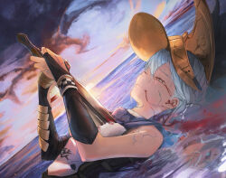 1girl black_bridal_gauntlets black_sclera blood blood_from_ears blood_from_mouth bloody_tears blue_eyes blue_hair bridal_gauntlets closed_mouth colored_sclera commentary cracked_skin different_reflection english_commentary gladiator helmet highres holding holding_sword holding_weapon light_smile looking_at_viewer looking_up lying mya_(wuthering_waves) nadenadesuki ocean on_back outdoors reflection short_hair solo stab suicide sunrise sword weapon wuthering_waves