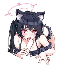 1boy 1girl animal_ear_fluff animal_ears black_hair blue_archive cat_ears fellatio halo hetero highres long_hair oral penis pov red_eyes serika_(blue_archive) serika_(swimsuit)_(blue_archive) simple_background taotao tongue tongue_out twintails white_background