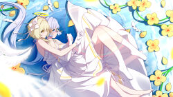 2girls absurdres alternate_costume angel_wings ayaka_(genshin_impact) barefoot blonde_hair blue_eyes blunt_bangs couple day detached_wings dress feathered_wings flower from_above genshin_impact gloves hair_ribbon highres holding_hands hug hug_from_behind kneehighs long_dress long_hair lumine_(genshin_impact) lying medium_dress multiple_girls mxirony on_side orange_ribbon outdoors ponytail profile ribbon short_hair_with_long_locks short_ponytail sleeveless sleeveless_dress socks sundress very_long_hair white_dress white_gloves white_ribbon white_socks white_wings wings yellow_eyes yellow_flower yuri