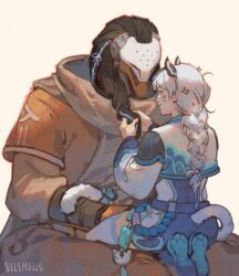 1boy 1girl alternate_costume animal_ears braid braiding_hair brown_robe cable_hair cat_ears cat_tail couple english_text facial_mark hair_ornament hairdressing hetero holding_another&#039;s_hair humanoid_robot interspecies kemonomimi_mode kneeling long_hair monk overwatch ramattra_(overwatch) robe robot simple_background single_braid sitting sitting_on_lap sitting_on_person size_difference smile tail velinxi whisker_markings white_background white_hair