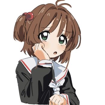 1girl :o antenna_hair blush brown_hair cardcaptor_sakura green_eyes hair_bobbles hair_ornament kinomoto_sakura long_sleeves looking_at_viewer open_mouth osakana_(kitasisn) sailor_collar school_uniform serafuku shirt short_hair simple_background solo tomoeda_elementary_school_uniform upper_body white_background white_sailor_collar
