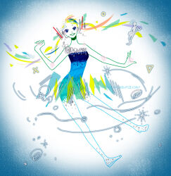 1girl 1other abstract aqua_hair bare_arms bare_legs bare_shoulders blonde_hair blue_dress blue_eyes blue_hair bump_of_chicken commentary_request dress floating_hair full_body hand_up hatsune_miku headset highres long_hair looking_at_viewer masking_tape_(medium) mixed_media multicolored_hair open_mouth orange_hair ryono silhouette smile sparkle strapless strapless_dress streaked_hair traditional_media twintails unconventional_media vignetting vocaloid watermark web_address