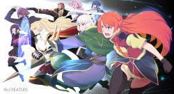 3boys 5girls alicetaria_february aqua_eyes armor armored_boots back beard bell belt black-framed_eyewear black_background black_footwear black_gloves black_hair black_jacket black_legwear black_skirt blitz_talker blonde_hair blue_eyes blue_hair blunt_bangs blush_stickers bodysuit book boots braid breastplate brown_belt brown_eyes brown_gloves brown_hair buckle capelet chikujouin_magane closed_eyes commentary_request copyright_name cropped_jacket crossed_belts dark-skinned_male dark_skin dress ear_piercing earrings elbow_gloves facial_hair fingernails floating_hair french_braid frilled_skirt frills fur-trimmed_dress fur_trim gauntlets glasses gloves gradient_background green_capelet green_eyes grey_bodysuit grin gun hair_between_eyes hair_ornament handgun highres holding holding_book holding_gun holding_polearm holding_sword holding_wand holding_weapon hood hood_down hooded_capelet jacket jewelry kanoya_rui kirameki_mamika knight lance laughing light_particles long_dress long_hair long_sleeves looking_away magic magic_circle magical_girl meteora_osterreich miniskirt mirokuji_yuuya multicolored_hair multiple_boys multiple_girls multiple_rings mustache necktie open_clothes open_jacket open_mouth orange_hair outstretched_arm pants pauldrons pentagram piercing pilot_suit pink_hair pink_pants pink_shorts pleated_skirt polearm ponytail popped_collar purple_dress purple_eyes purple_hair re:creators reaching red_hair red_necktie red_skirt revolver ring school_uniform selesia_upitiria serafuku serious sharp_teeth shirt shoes short_hair short_twintails shorts shorts_under_skirt shoulder_armor sidelocks single_braid skirt sleeves_rolled_up smile streaked_hair sunglasses sword teeth thighhighs thighs thumb_ring tongue torii_earrings touge_hiro twin_braids twintails two-tone_background two-tone_hair upper_teeth_only very_long_hair wand weapon white-framed_eyewear white_background white_gloves white_hair white_skirt wooden_sword yellow_shirt zettai_ryouiki