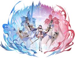1girl 2others absurdres anchor_earrings armor aura azur_lane boots breasts buttons castle clothing_cutout covered_navel cropped_jacket double-breasted earrings full_body gloves highleg highleg_leotard highres holding holding_polearm holding_sword holding_weapon jacket jewelry knight large_breasts leotard long_hair looking_at_viewer micro_shorts multiple_others non-web_source official_art orange_eyes polearm purple_hair rapier red_gloves rigging shorts smoke solo sword thigh_boots torpedo_tubes trafalgar_(azur_lane) underboob underboob_cutout underwear weapon white_boots white_jacket