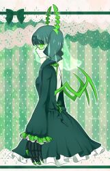 Rule 34 | 1girl, black dress, black rock shooter, bridal veil, dead master, dress, glasses, green eyes, green hair, green horns, green wings, horns, medium hair, miriki-chi, pale skin, skeletal hand, solo, veil, wings