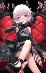 1girl absurdres alternate_costume animal_ears black_background black_shoes breasts commentary_request crossed_legs curren_chan_(sakutsuki_ma_cherie)_(umamusume) curren_chan_(umamusume) detached_sleeves dress grey_hair hair_ornament highres horse_ears looking_at_viewer medium_breasts purple_eyes shoes sitting solo tongue tongue_out umamusume wedding_dress ye_yemail