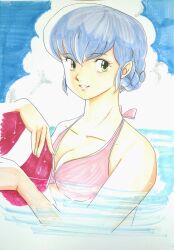 Rule 34 | ball, blue hair, bra, braid, breasts, cloud, cloudy sky, crown braid, highres, k happa64, maison ikkoku, medium breasts, non-web source, ocean, otonashi kyouko, pink bra, sky, smile, swimming, underwear