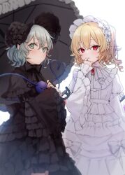 2girls alternate_costume black_bonnet black_bow black_dress black_umbrella blonde_hair blush bonnet bow cowboy_shot dress flandre_scarlet frilled_dress frills gothic_lolita green_eyes green_hair hand_to_own_mouth heart heart_of_string hiwokawa holding holding_umbrella komeiji_koishi lolita_fashion long_sleeves looking_at_viewer multiple_girls red_eyes short_hair third_eye touhou umbrella white_bonnet white_bow white_dress wide_sleeves wings