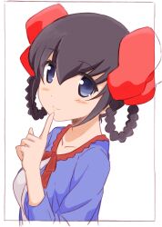 Rule 34 | 1girl, absurdres, ayukawa tenri, finger to mouth, hair ribbon, highres, kai kaminomi, kami nomi zo shiru sekai, looking at viewer, ribbon, simple background, sketch, solo