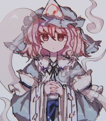 1girl :| blue_hat blue_kimono blue_ribbon closed_mouth dot_nose expressionless frilled_kimono frills ghost hat japanese_clothes kimono long_sleeves looking_at_viewer mob_cap owatakun petals pink_eyes pink_hair ribbon saigyouji_yuyuko short_hair simple_background solo touhou triangular_headpiece wide_sleeves