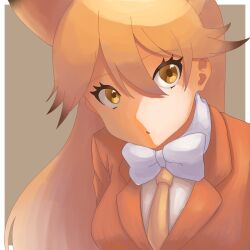 1girl :o animal_ears ayanaaaa_desu bow bowtie brown_hair close-up extra_ears ezo_red_fox_(kemono_friends) fox_ears fox_tail hair_between_eyes highres jacket kemono_friends long_hair long_sleeves looking_at_viewer multicolored_hair necktie orange_eyes orange_hair orange_jacket orange_necktie shirt sidelocks solo tail upper_body white_bow white_bowtie white_shirt