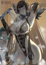 2girls absurdly_long_hair armpits bikini bikini_top_only black_bikini blunt_bangs blush breasts brown_hair cleopatra_(fate) club3 detached_collar fate/apocrypha fate_(series) gold_trim large_breasts long_hair looking_at_viewer multiple_girls pointy_ears semiramis_(fate) shower_(place) sidelocks skindentation slit_pupils swimsuit thighhighs thighs very_long_hair wet yellow_eyes