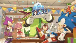 1girl 4boys absurdres amy_rose birthday_cake blue_fur body_fur cake chair character_request confetti dress food group_picture happy_birthday headphones highres holding indoors multiple_boys official_art on_chair pink_fur red_dress sitting sonic_(series) sonic_riders_(series) sonic_the_hedgehog standing