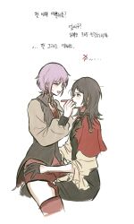 2girls 6w6uwu amoris_(bang_dream!) anger_vein applying_another&#039;s_makeup bang_dream! bang_dream!_it&#039;s_mygo!!!!! black_gloves black_hair black_pants black_shirt blue_eyes capelet commentary_request earrings garter_straps gloves hand_on_another&#039;s_waist highres jewelry korean_commentary long_hair long_sleeves multiple_girls open_mouth pants pink_eyes purple_hair red_capelet red_shorts red_thighhighs shirt short_hair shorts sitting sitting_on_lap sitting_on_person straddling sweatdrop thighhighs timoris_(bang_dream!) translation_request white_background yahata_umiri yuri yuutenji_nyamu