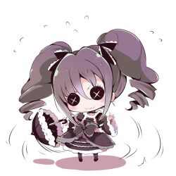 1girl :3 black_bow black_choker black_dress black_hair black_shoes black_umbrella bow button_eyes buttons chibi choker closed_mouth commentary_request cross-laced_clothes cross-laced_dress dress drill_hair eyelashes flying_sweatdrops frilled_bow frilled_dress frilled_sleeves frilled_umbrella frills gothic_lolita grey_pantyhose hair_bow holding holding_umbrella idolmaster idolmaster_cinderella_girls juliet_sleeves kanzaki_ranko light_blush lolita_fashion long_sleeves mary_janes medium_dress motion_lines nervous pantyhose parasol puffy_sleeves ribbon-trimmed_umbrella shadow shoes short_hair short_twintails simple_background smile solo square_neckline standing twin_drills twintails umbrella usoneko waist_bow white_background wide_sleeves