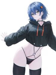 absurdres alternate_costume belle_(zenless_zone_zero) black_hoodie black_panties black_thighhighs blue_hair closed_mouth commentary cropped_hoodie crossed_bangs flippy_(cripine111) hair_between_eyes hair_ornament highres hood hood_down hoodie letter_hair_ornament long_sleeves looking_at_viewer navel panties short_hair solo standing stomach thighhighs underwear zenless_zone_zero