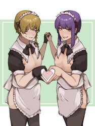 2boys alternate_costume apron bags_under_eyes black_bow black_bowtie black_gloves black_ribbon black_thighhighs blonde_hair blush bow bowtie braid bulge closed_mouth commentary_request cookie_(touhou) cowboy_shot crossdressing enmaided erection erection_under_clothes frilled_apron frills genderswap genderswap_(ftm) gloves green_background green_eyes grin hair_bow hair_ribbon heart heart_hands heart_hands_duo holding_hands kirisame_marisa looking_at_viewer maid maid_headdress male_focus mars_(cookie) multiple_boys nipples partially_fingerless_gloves patchouli_knowledge purple_eyes purple_hair red_ribbon ribbon seiga shishima_(a_a) short_hair shrug_(clothing) side_braid single_braid smile taisa_(cookie) thighhighs touhou trap waist_apron white_apron white_background