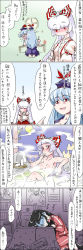 3girls 4koma alternate_costume bathing blue_hair blush bow breasts cleavage comic drinking female_focus fujiwara_no_mokou hair_bow highres houraisan_kaguya kamishirasawa_keine long_hair long_image matchuri multiple_girls neet nude onsen red_eyes same-sex_bathing shared_bathing silver_hair sitting steam sweat tall_image touhou translation_request very_long_hair