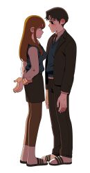 Rule 34 | 1boy, 1girl, absurdres, aged down, arms behind back, bags under eyes, black hair, black jacket, black necktie, black thighhighs, blue sweater vest, blush, breasts, brown eyes, brown hair, collared shirt, fingernails, highres, jacket, killing stalking, large breasts, long hair, looking at viewer, necktie, open clothes, open jacket, pantyhose, school uniform, shirt, simple background, sweat, sweater vest, tariah furlow, thighhighs, white background, yoon bum, yoon bum&#039;s classmate