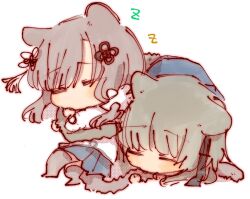 2girls =_= animal_ears assault_lily black_hair black_ribbon black_skirt black_thighhighs breasts cat_ears cat_girl cat_tail chibi closed_eyes commentary flower flower_knot full_body hair_flower hair_ornament hair_ribbon hair_scrunchie highres holding_another&#039;s_tail hugging_tail kemonomimi_mode kuo_shenlin long_hair lying miniskirt multiple_girls no_mouth on_back on_stomach one_side_up raised_eyebrows ribbon rui_rui_rui0122 school_uniform scrunchie shirt side-by-side simple_background skirt sleeping tail tail_wrap tassel tassel_hair_ornament thighhighs wang_yujia white_background white_scrunchie white_shirt yurigaoka_girls_academy_school_uniform zzz